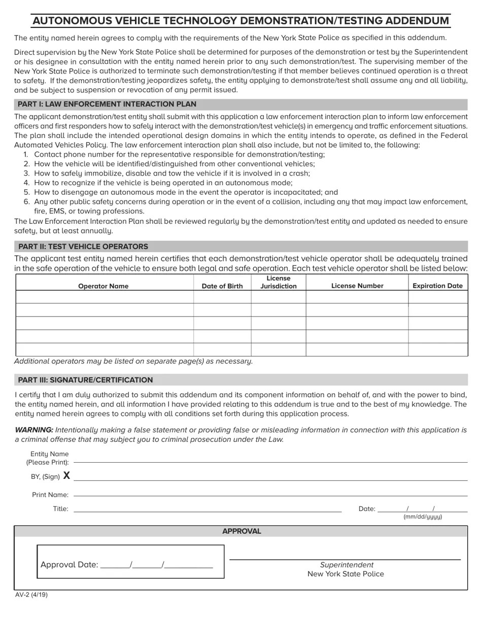 Form AV2 Download Fillable PDF or Fill Online Autonomous Vehicle