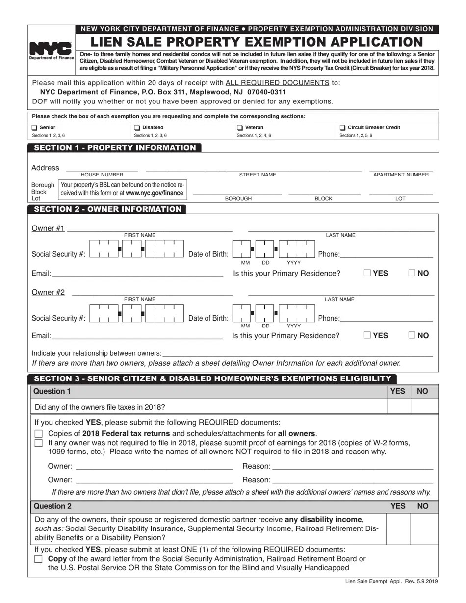 New York City Lien Sale Property Exemption Application Download