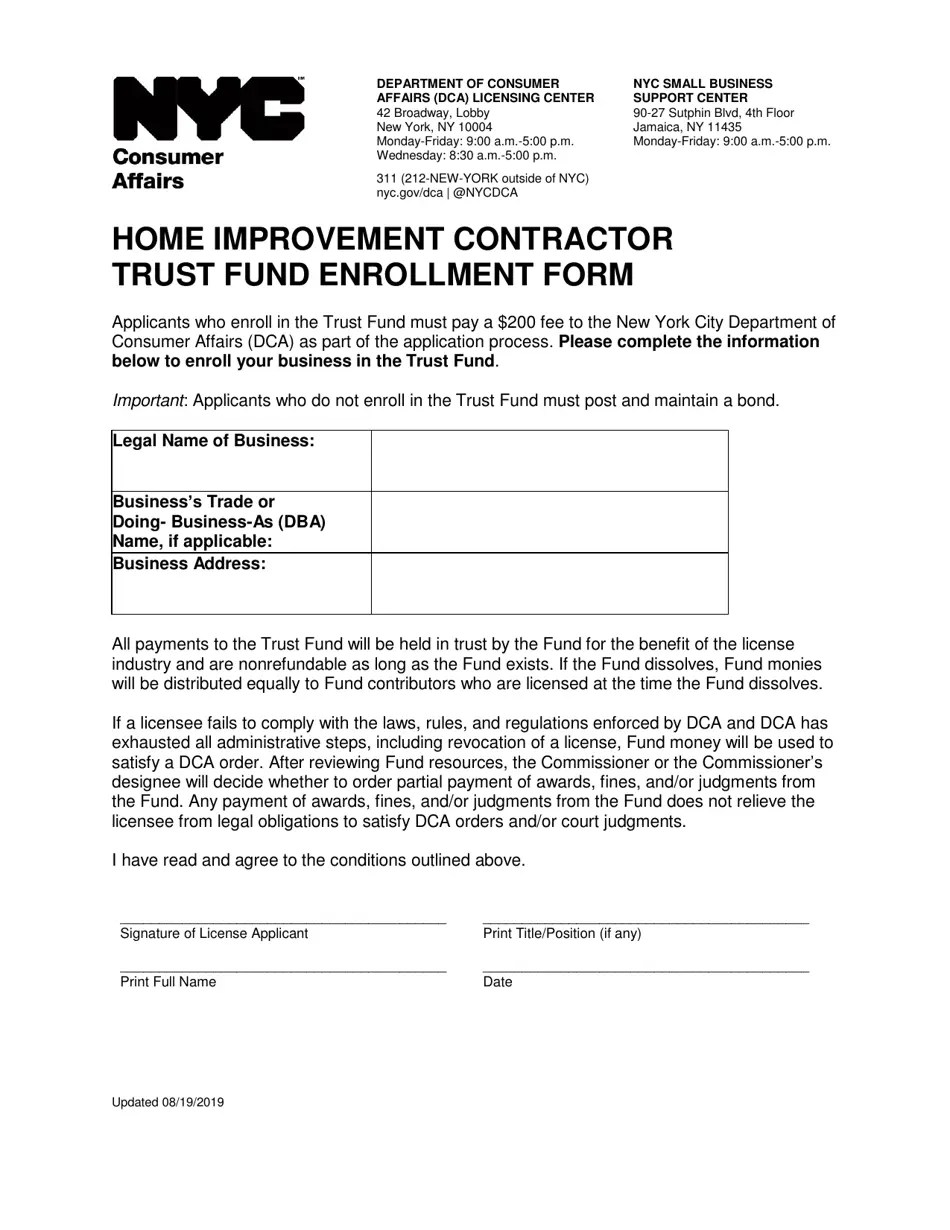 New York City Home Improvement Contractor Trust Fund Enrollment Form