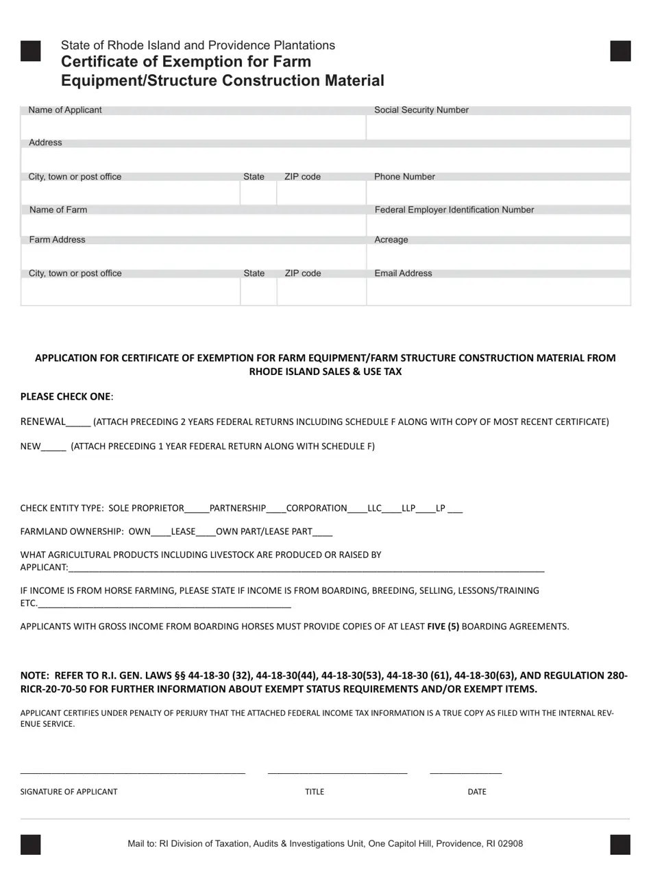 Rhode Island Certificate of Exemption for Farm Equipment/Structure