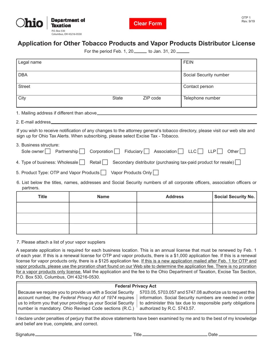 Form OTP1 Fill Out, Sign Online and Download Fillable PDF, Ohio