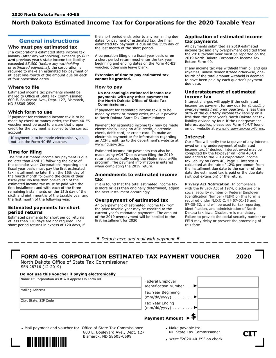 Form 40ES (SFN28716) 2020 Fill Out, Sign Online and Download Fillable PDF, North Dakota
