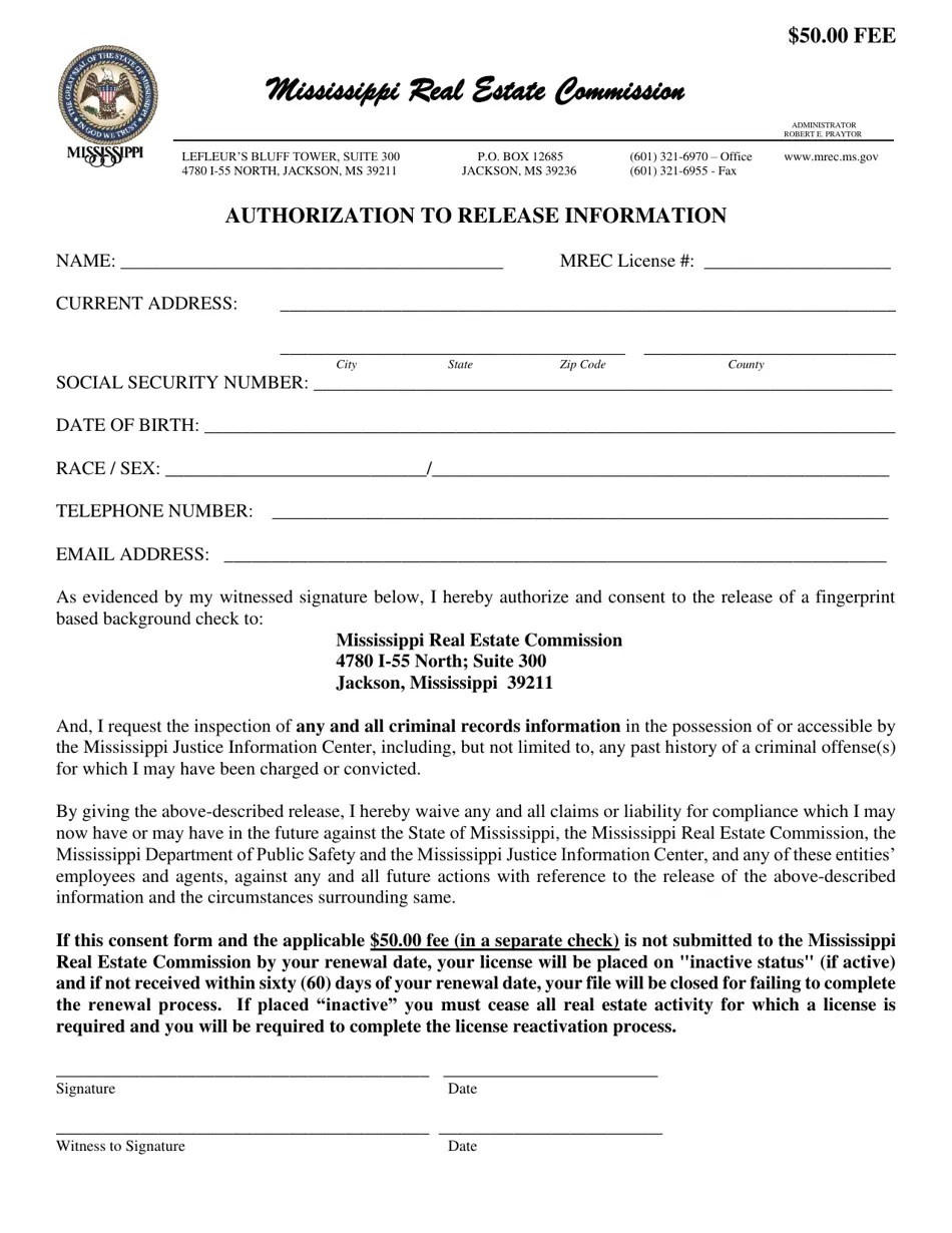 Mississippi Background Check Consent Information and Consent Form