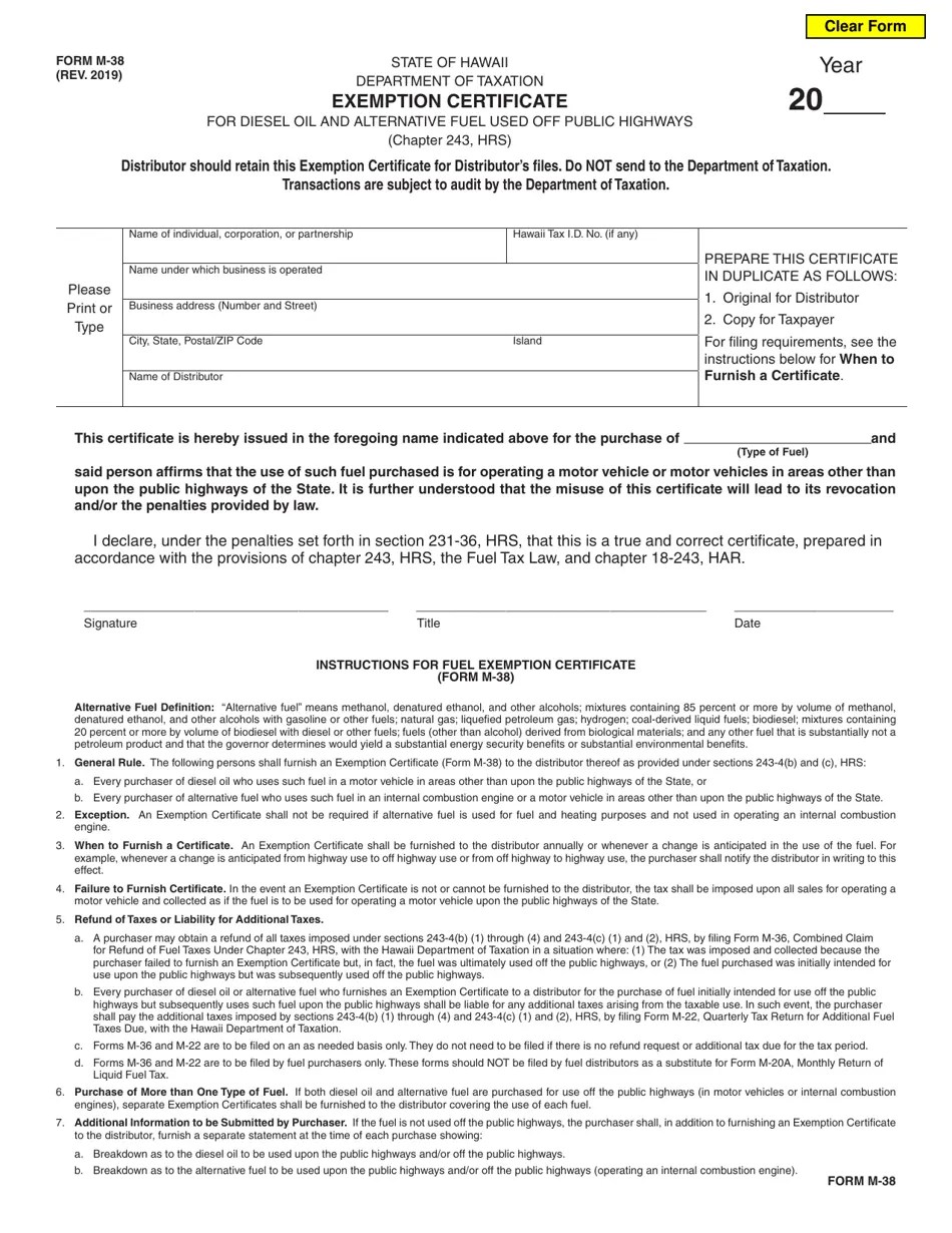 Form M38 Download Fillable PDF or Fill Online Exemption Certificate for Diesel Oil and