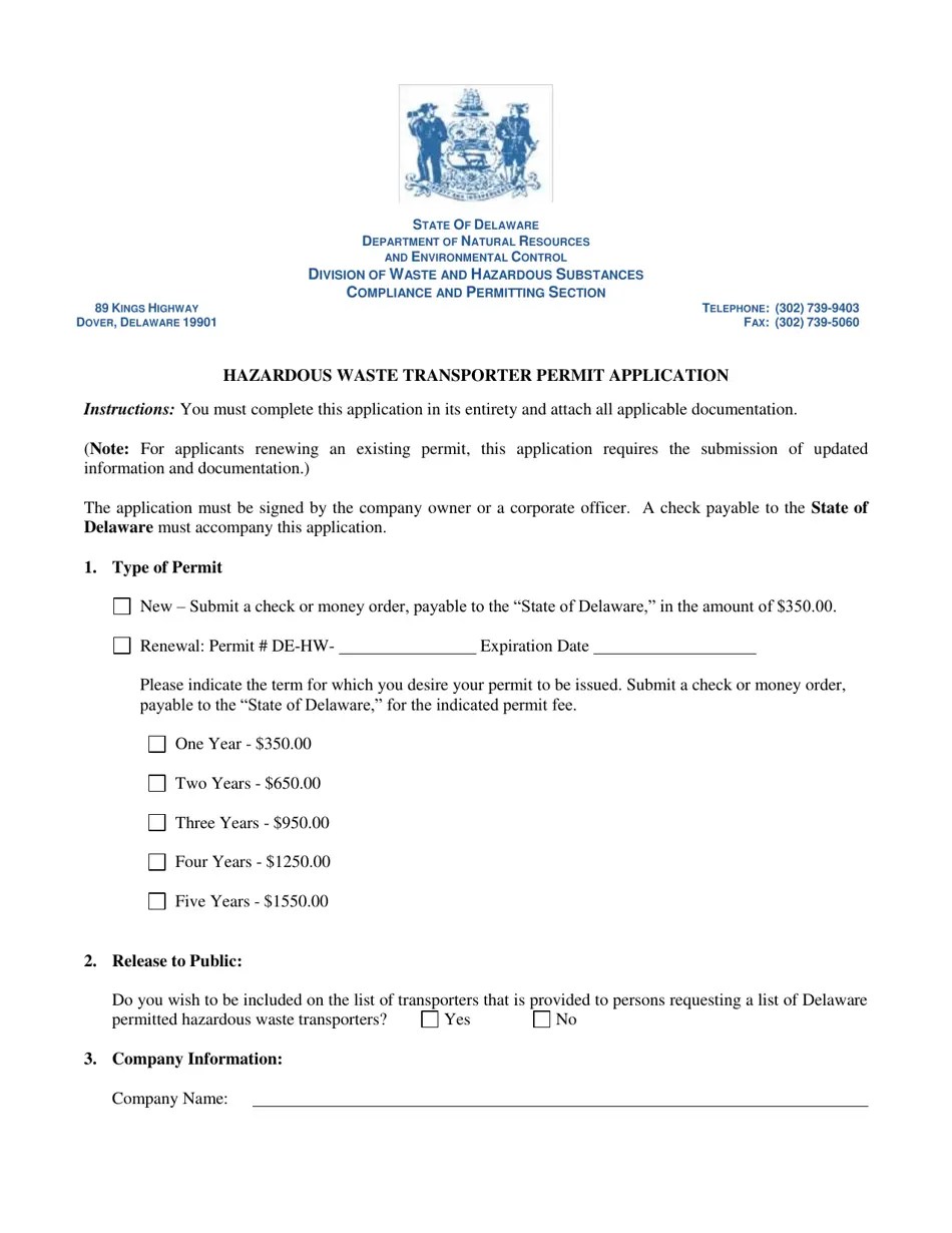 Delaware Hazardous Waste Transporter Permit Application Fill Out