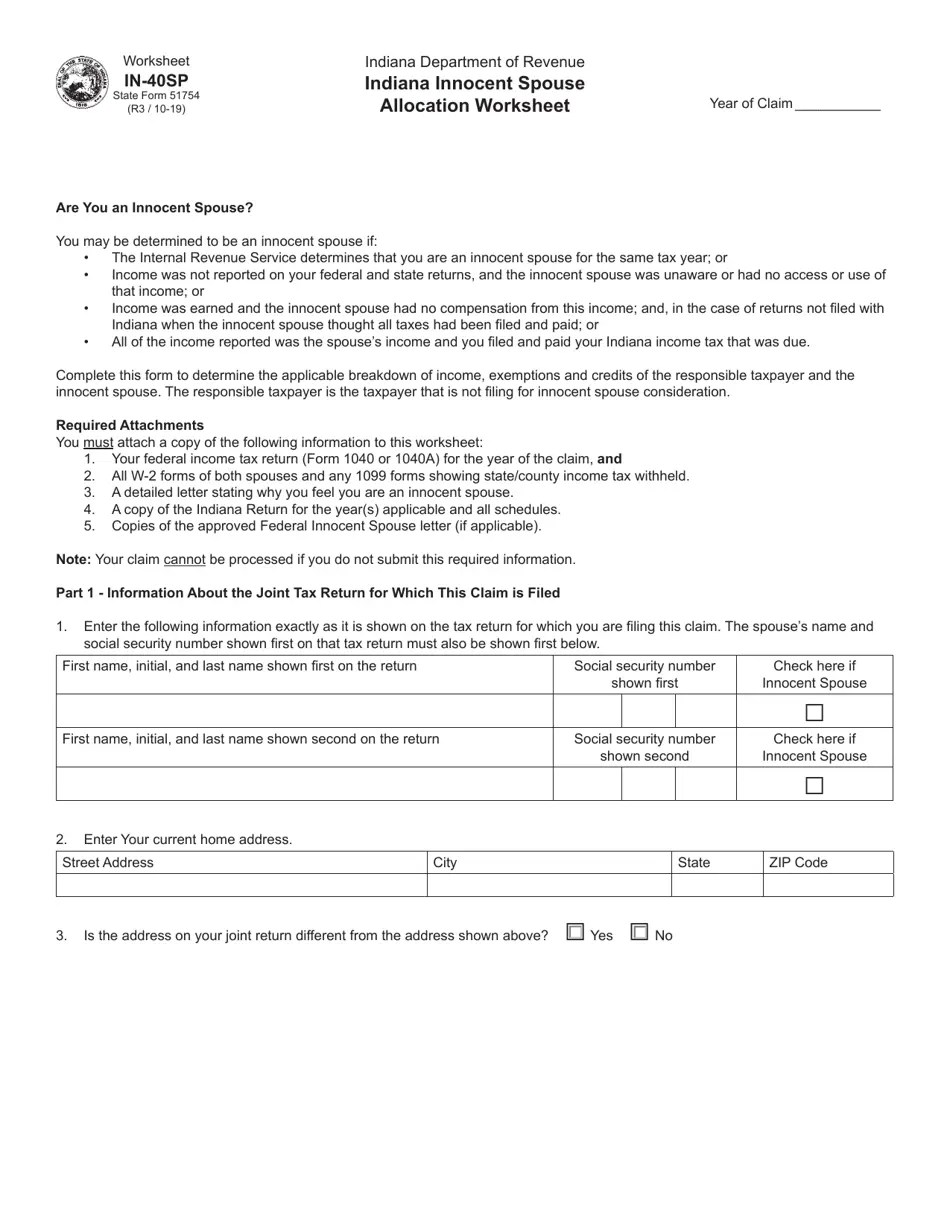 State Form 51754 Worksheet IN40SP Fill Out, Sign Online and Download