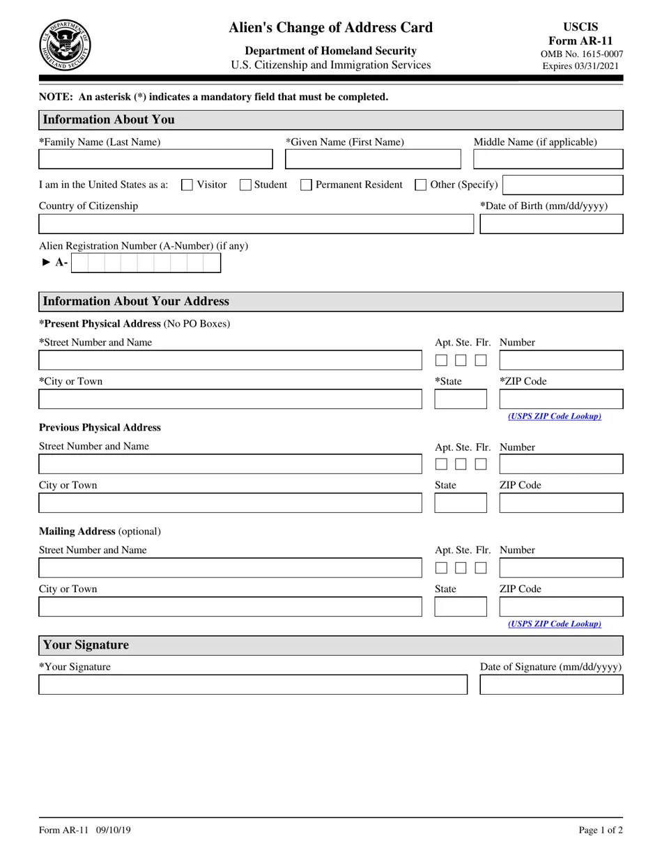 USCIS Form AR11 Fill Out, Sign Online and Download Fillable PDF