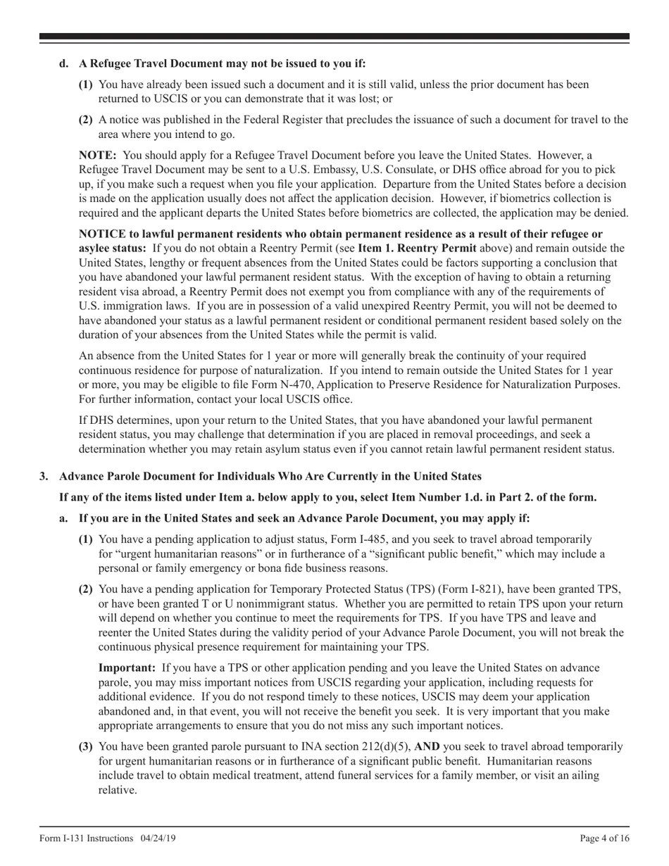 Download Instructions for USCIS Form I131 Application for Travel