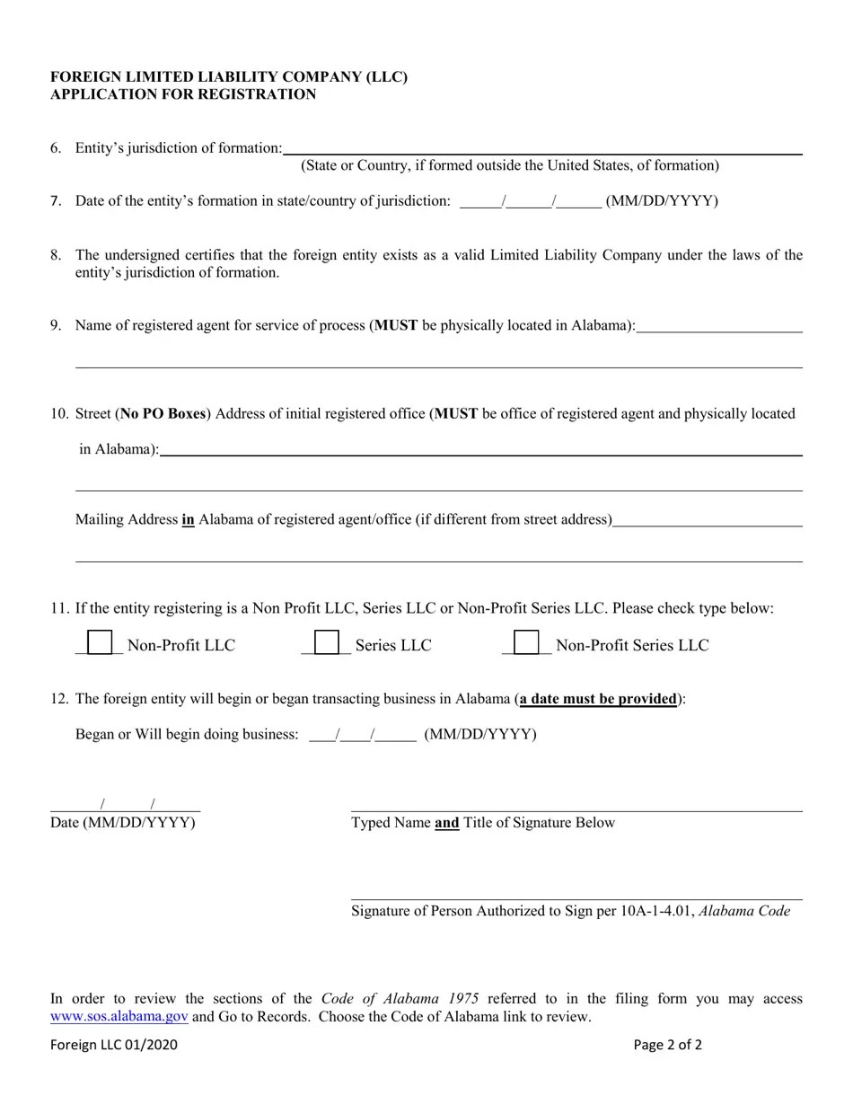 Alabama Foreign Limited Liability Company (LLC) Application for