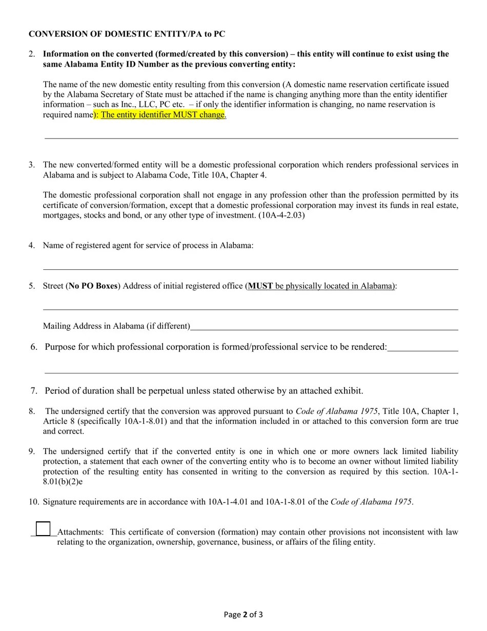 Alabama Conversion of a Domestic Entity Professional Association to