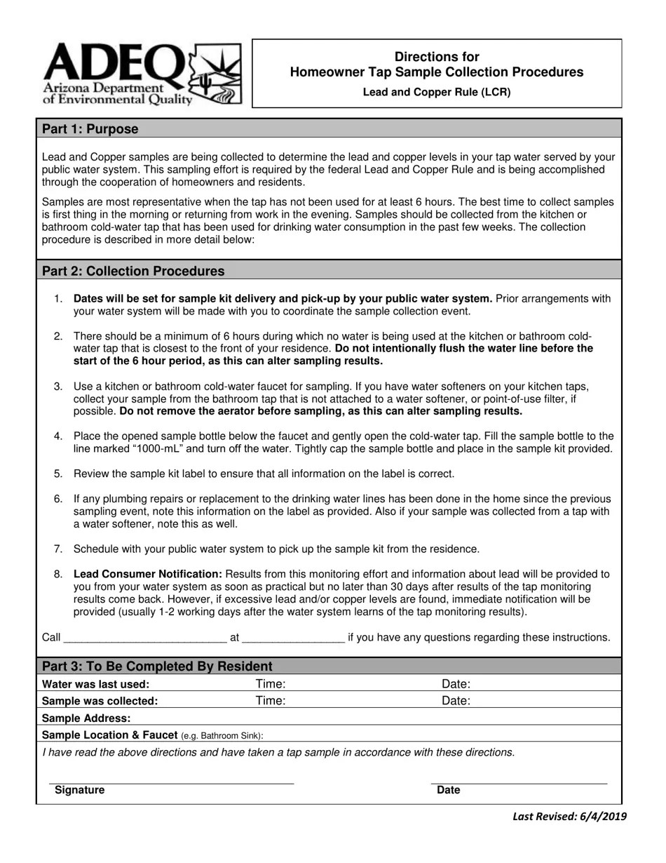 Arizona Directions for Homeowner Tap Sample Collection Procedures Lead