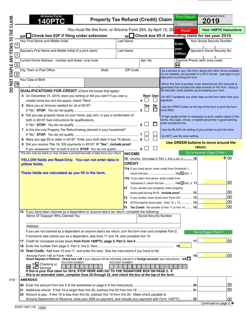 Arizona Form 140PTC (ADOR10567) - 2019 - Fill Out, Sign Online and