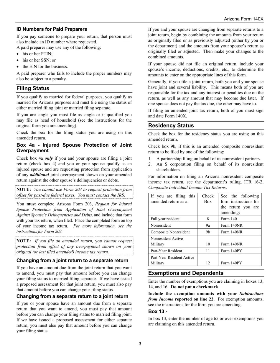 Download Instructions for Arizona Form 140X, ADOR10573 Individual
