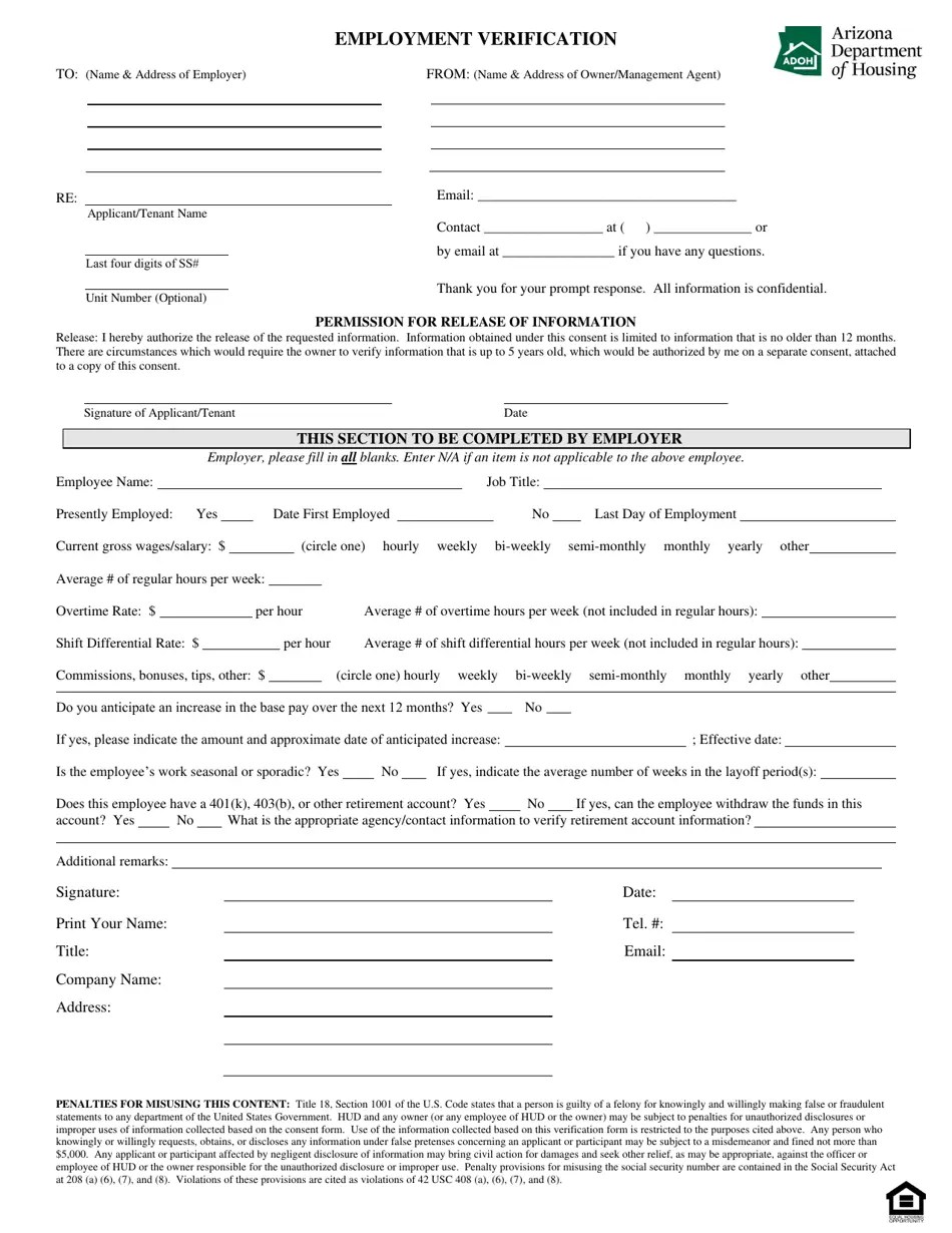 Arizona Employment Verification Fill Out, Sign Online and Download