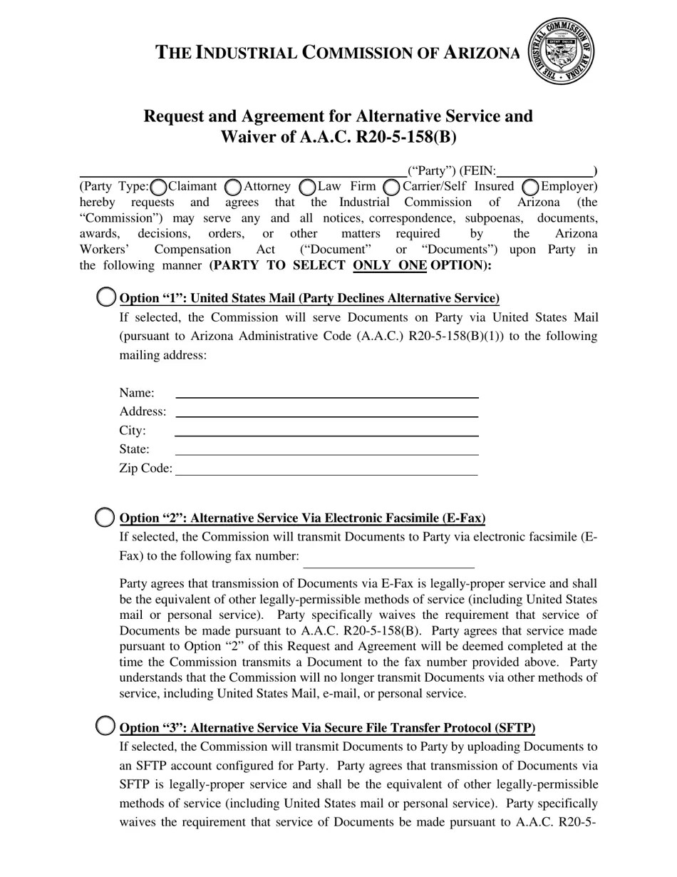 Arizona Request and Agreement for Alternative Service and Waiver of a.a