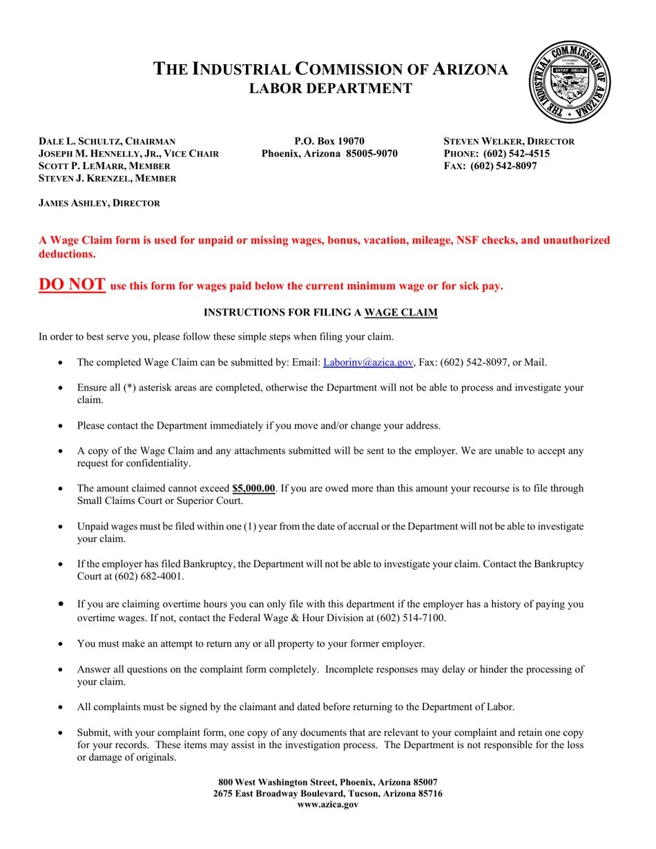 Arizona Unpaid Wage Claim Fill Out, Sign Online and Download PDF