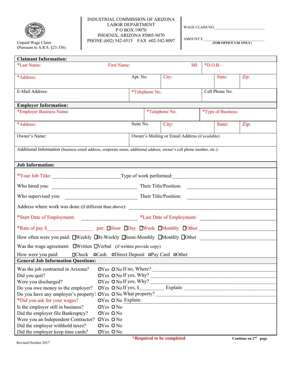 Arizona Unpaid Wage Claim Fill Out, Sign Online and Download PDF