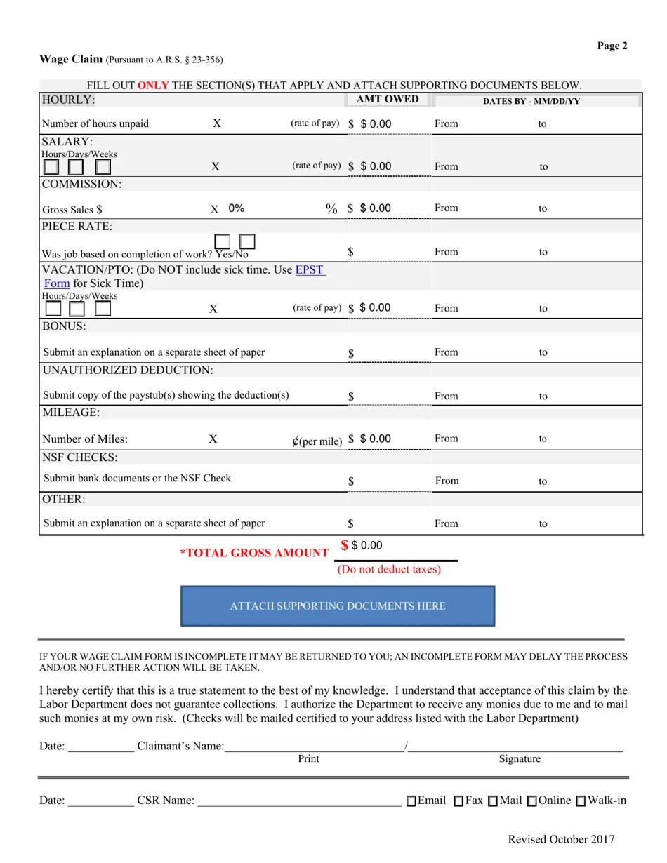 Arizona Unpaid Wage Claim Fill Out, Sign Online and Download PDF