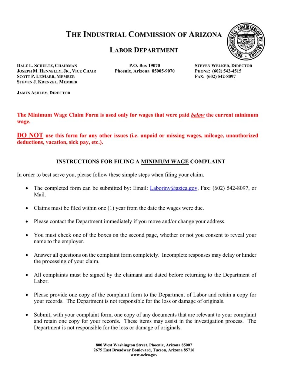 Arizona Minimum Wage Claim Fill Out, Sign Online and Download PDF