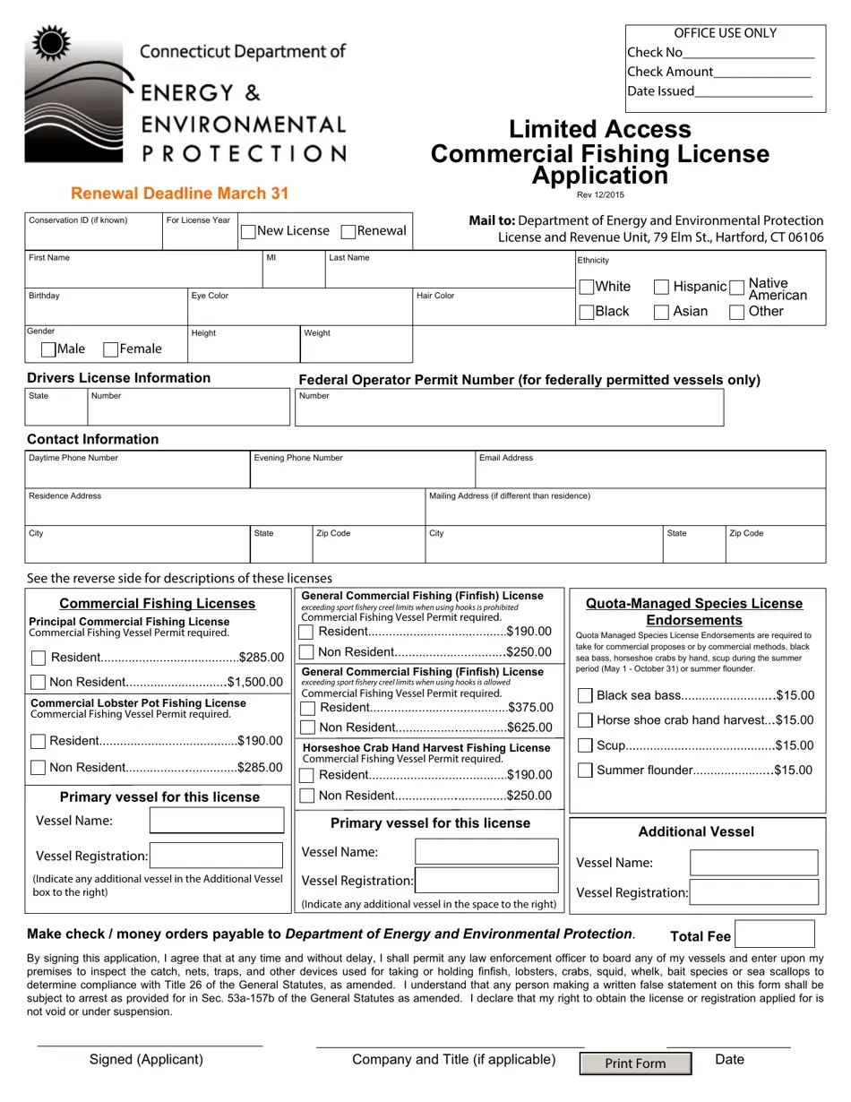 Connecticut Limited Access Commercial Fishing License Application