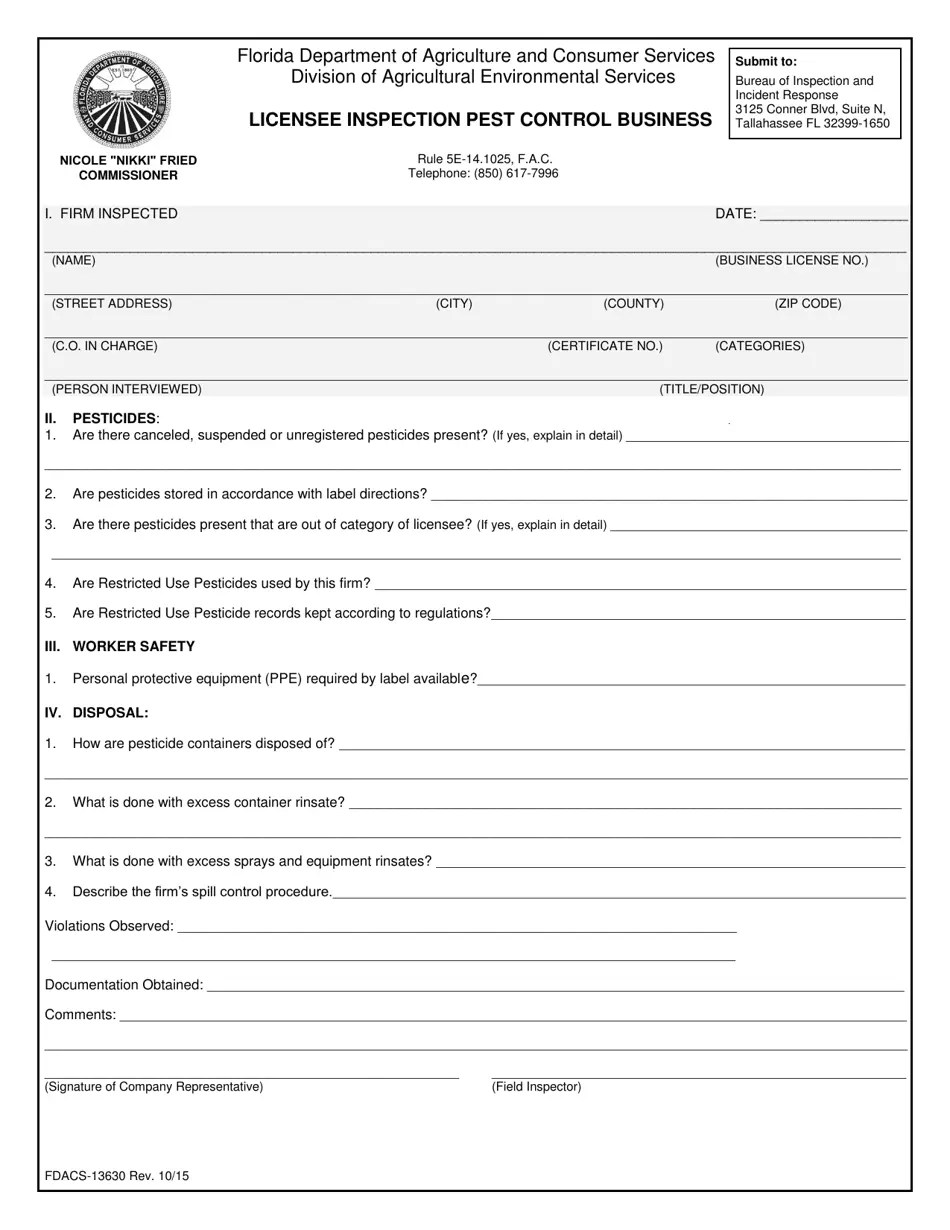 Form FDACS13630 Fill Out, Sign Online and Download Printable PDF