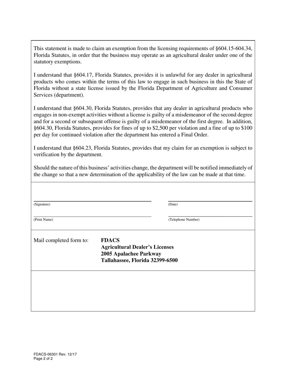 Form FDACS06301 Fill Out, Sign Online and Download Fillable PDF