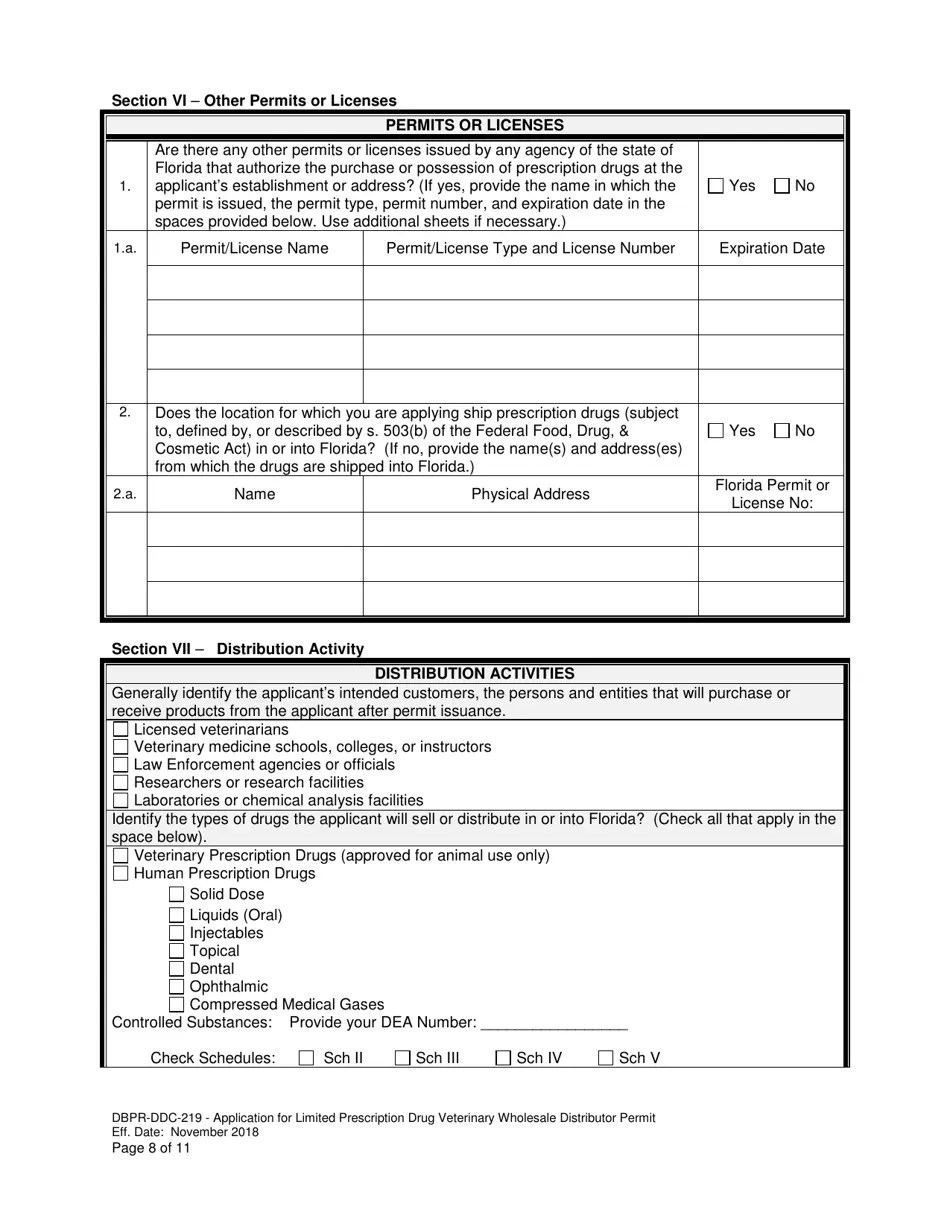 Form DBPRDDC219 Download Printable PDF or Fill Online Application for