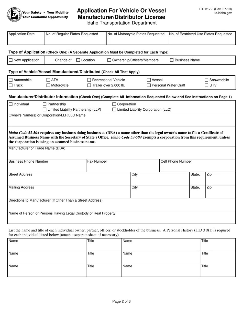 Form ITD3172 Fill Out, Sign Online and Download Fillable PDF, Idaho