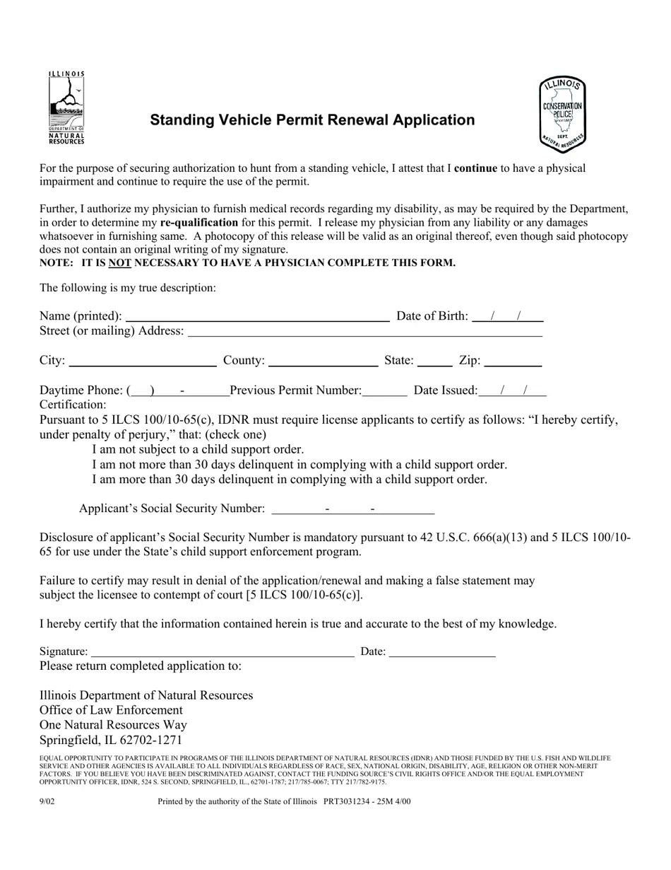 Illinois Standing Vehicle Permit Renewal Application Fill Out, Sign