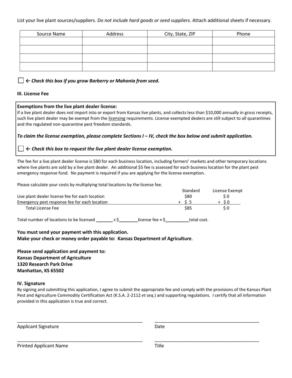 Kansas Kansas Live Plant Dealer License Application Fill Out, Sign