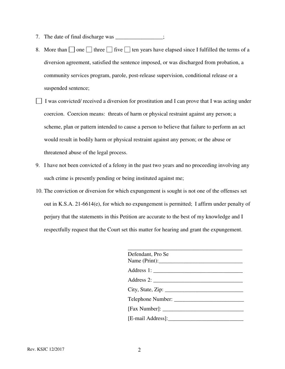Kansas Petition for Expungement of Conviction or Diversion Fill Out