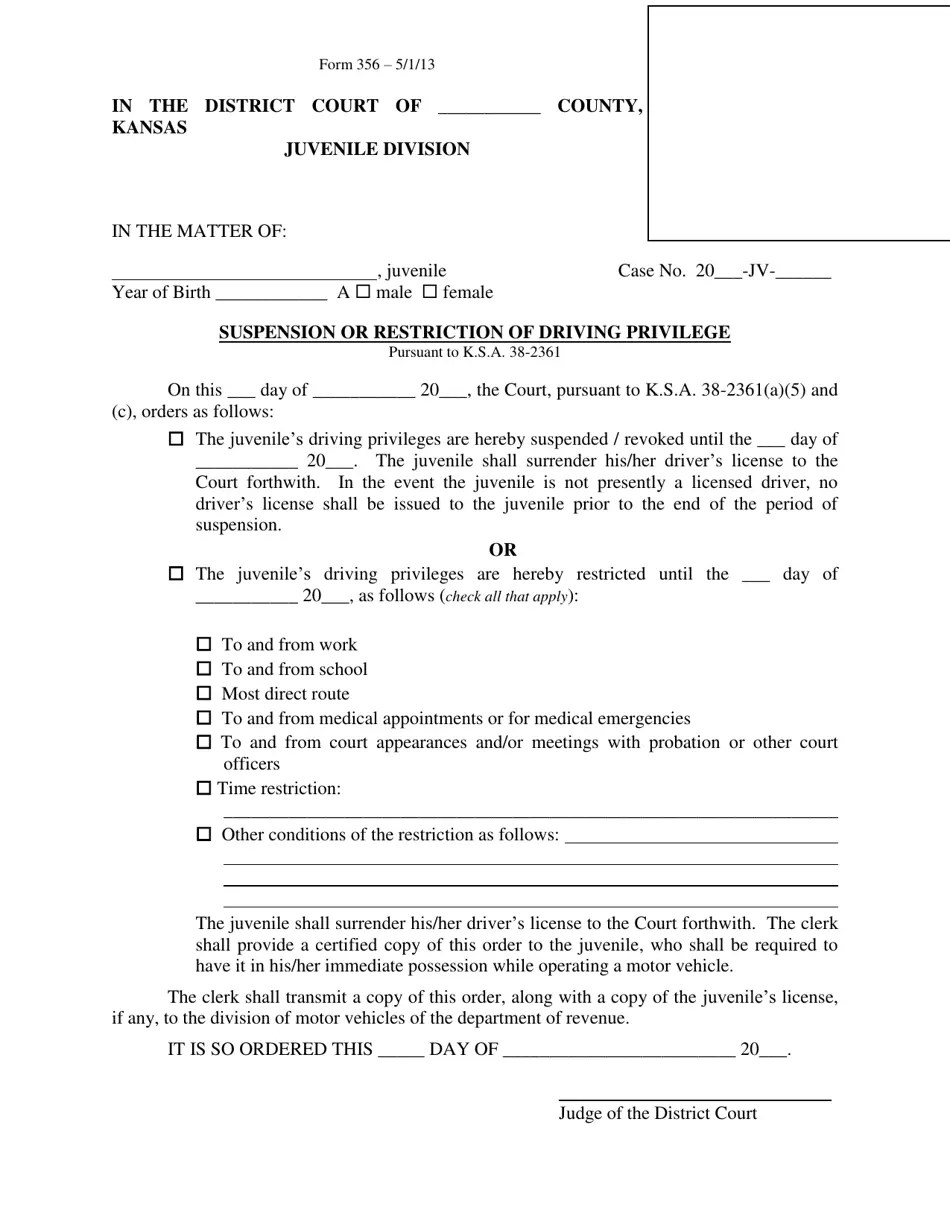 Form 356 Fill Out, Sign Online and Download Printable PDF, Kansas