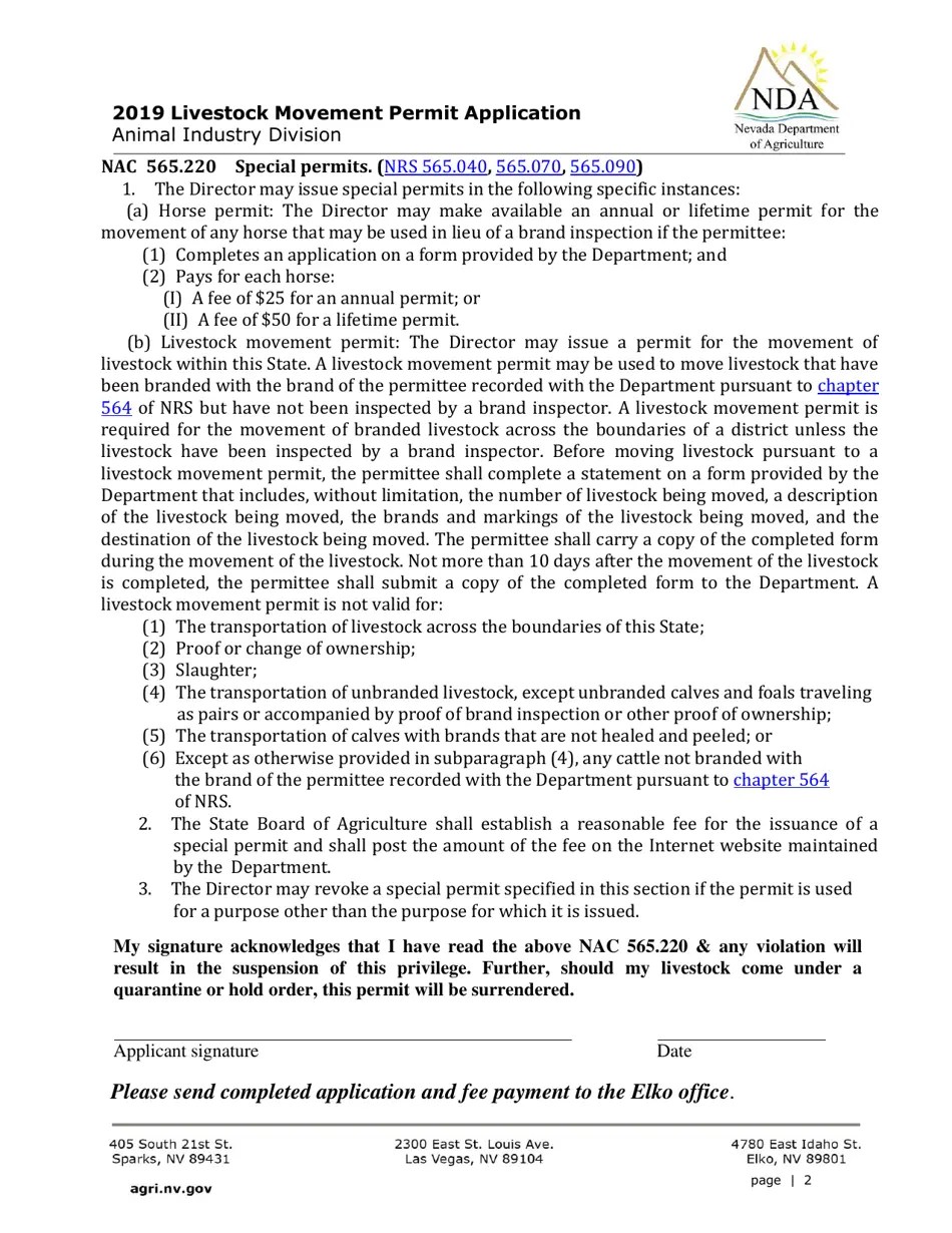 2019 Nevada Livestock Movement Permit Fill Out, Sign Online and
