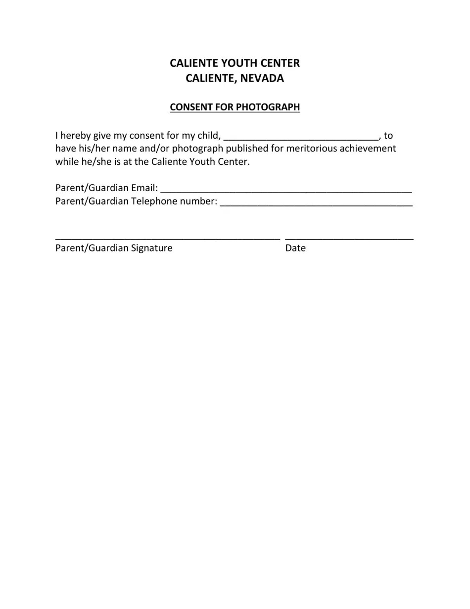 Nevada Consent for Photograph Caliente Youth Center Fill Out, Sign