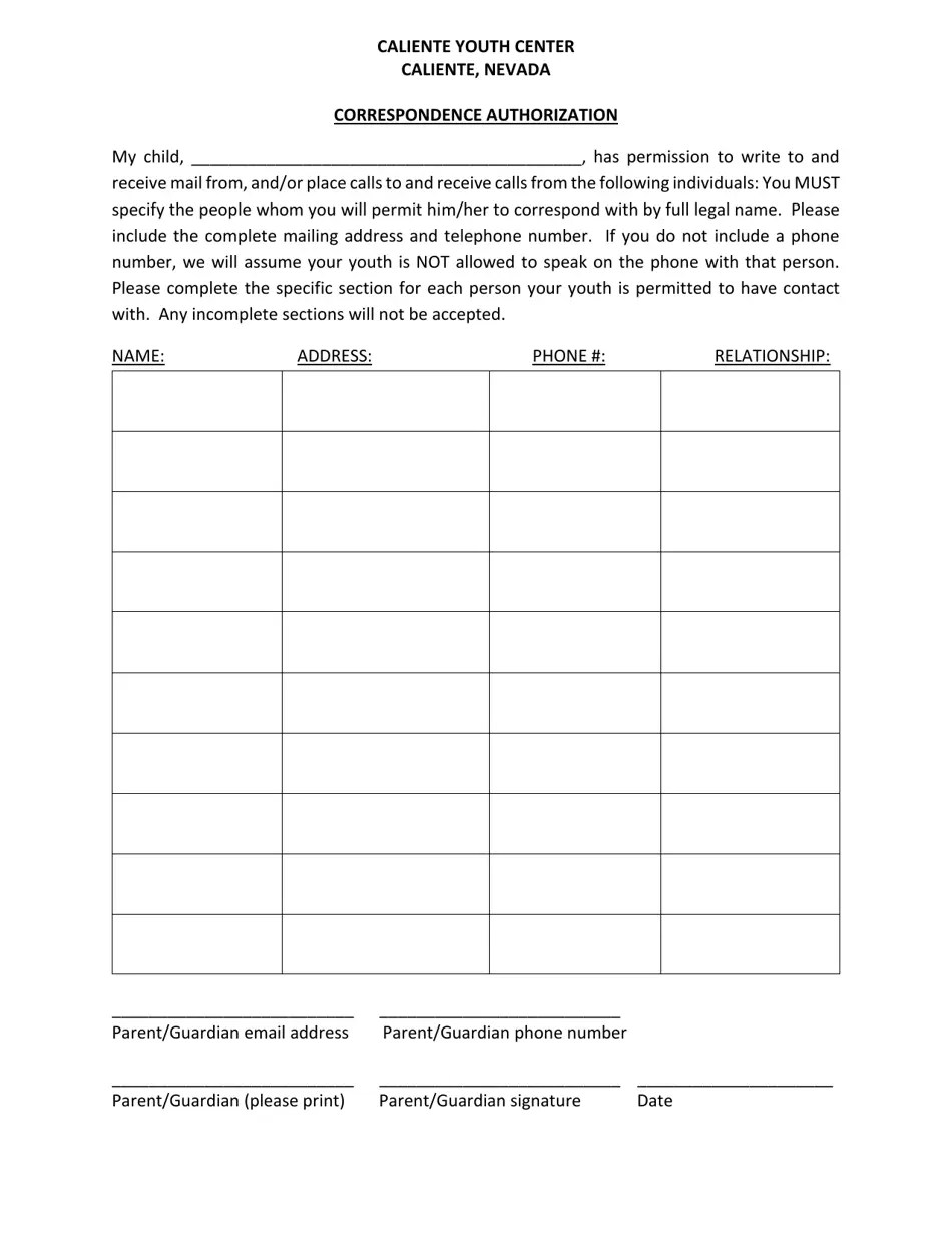 Nevada Correspondence Authorization Caliente Youth Center Fill Out