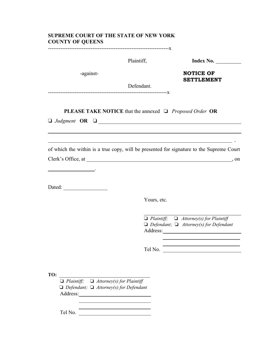 Queens County, New York Notice of Settlement Fill Out, Sign Online