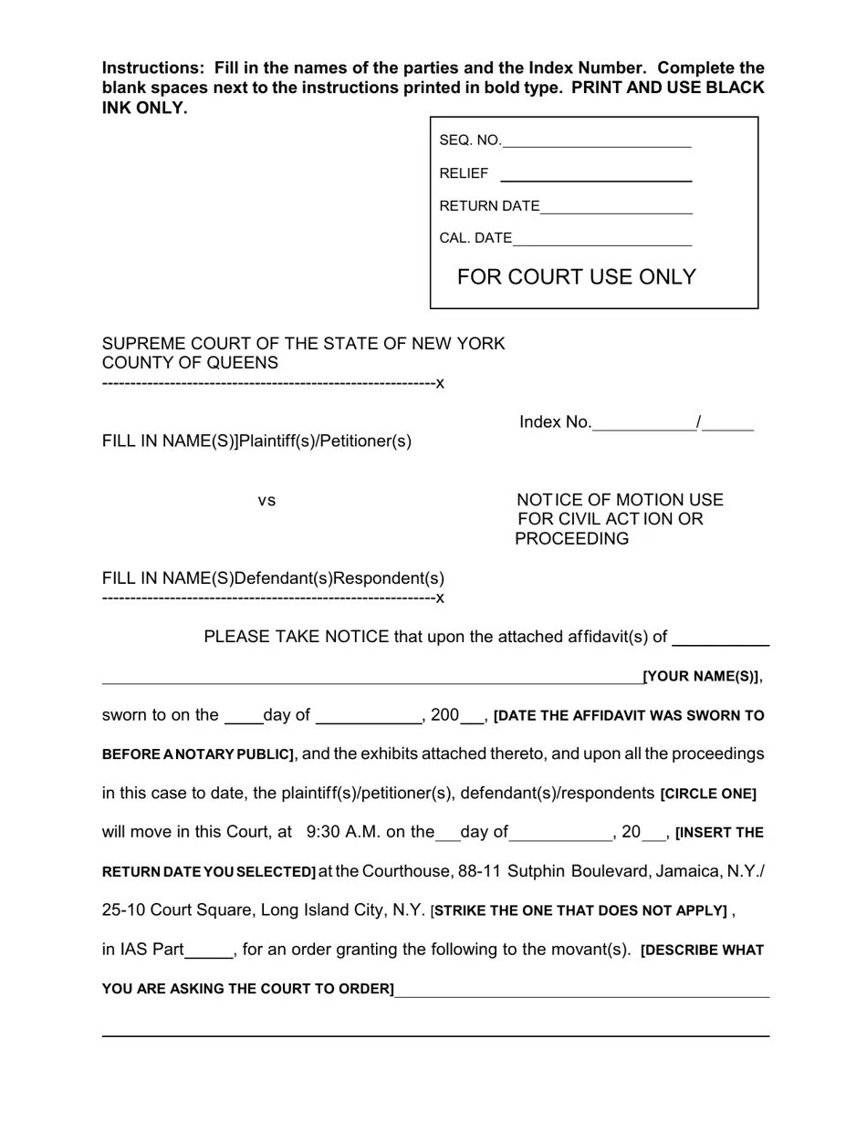 Queens County, New York Notice of Motion Use for Civil Action or