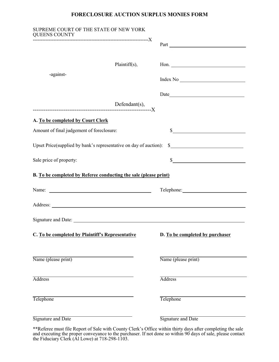 Queens County, New York Foreclosure Auction Surplus Monies Form Fill