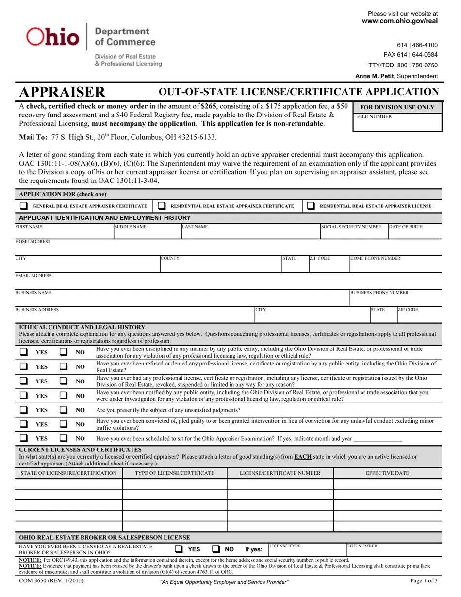 Form COM3650 Fill Out, Sign Online and Download Fillable PDF, Ohio