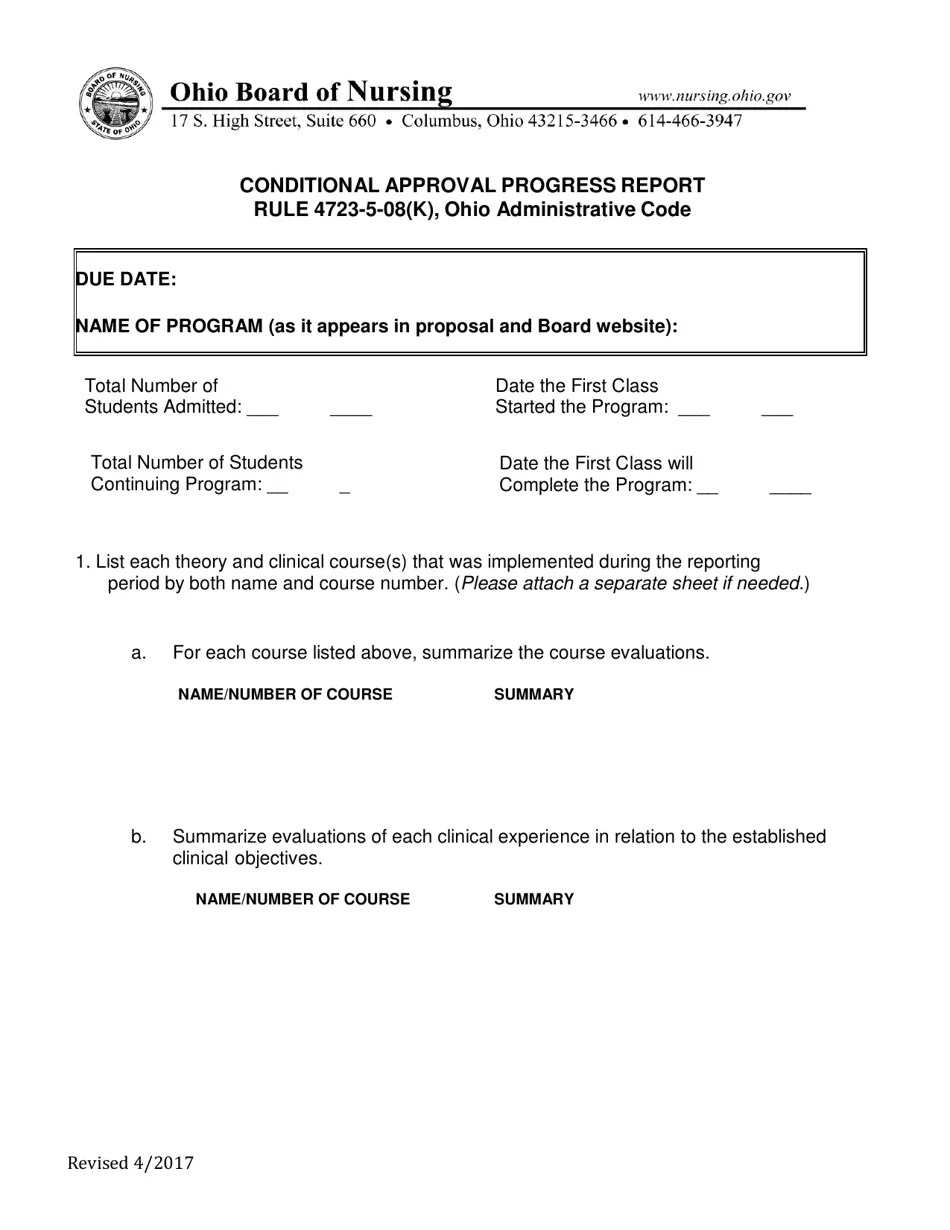 Ohio Conditional Approval Progress Report Fill Out, Sign Online and