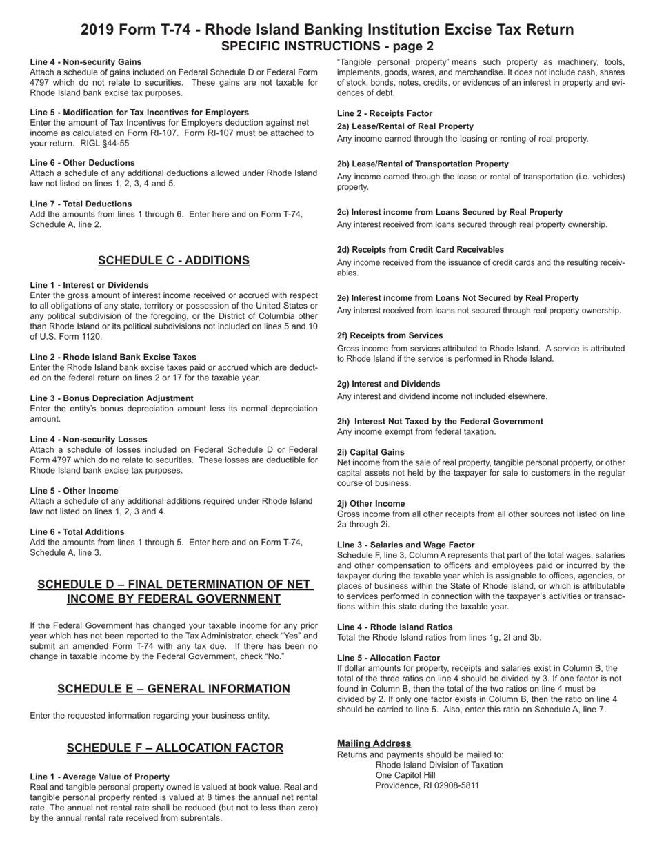 Download Instructions for Form T74 Rhode Island Banking Institution Excise Tax Return PDF, 2019