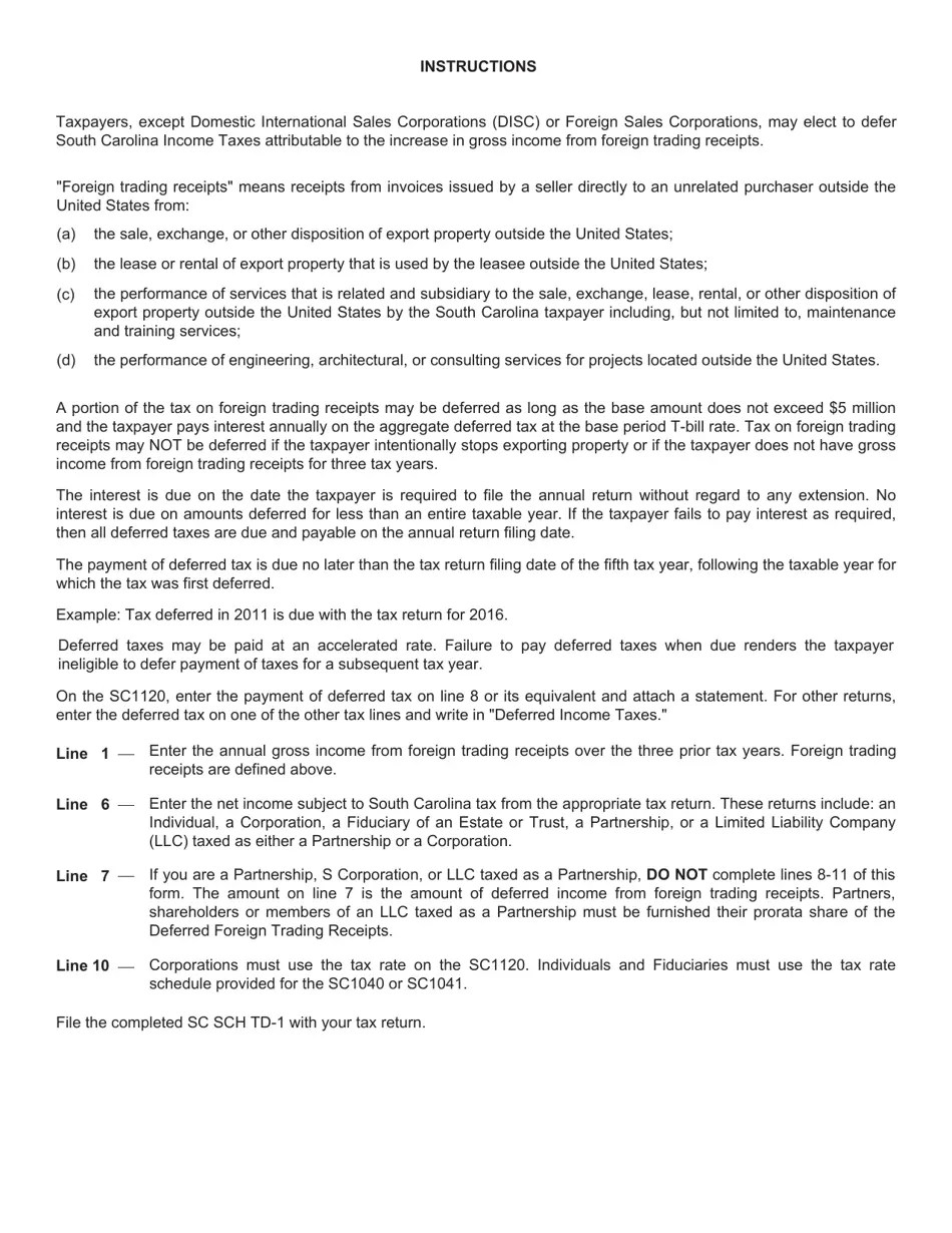 Form SC SCH TD1 Fill Out, Sign Online and Download Printable PDF