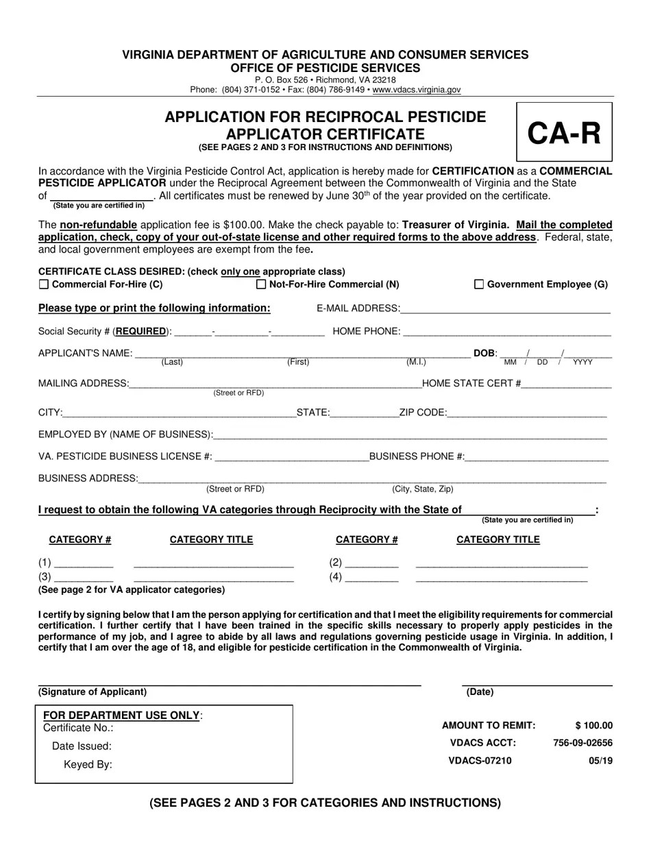 Virginia Application for Reciprocal Pesticide Applicator Certificate