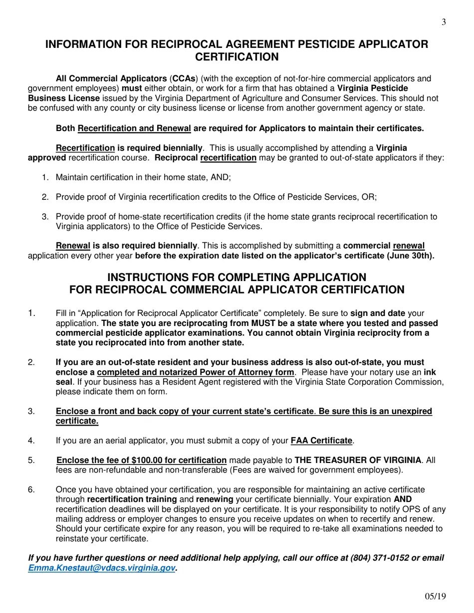 Virginia Application for Reciprocal Pesticide Applicator Certificate