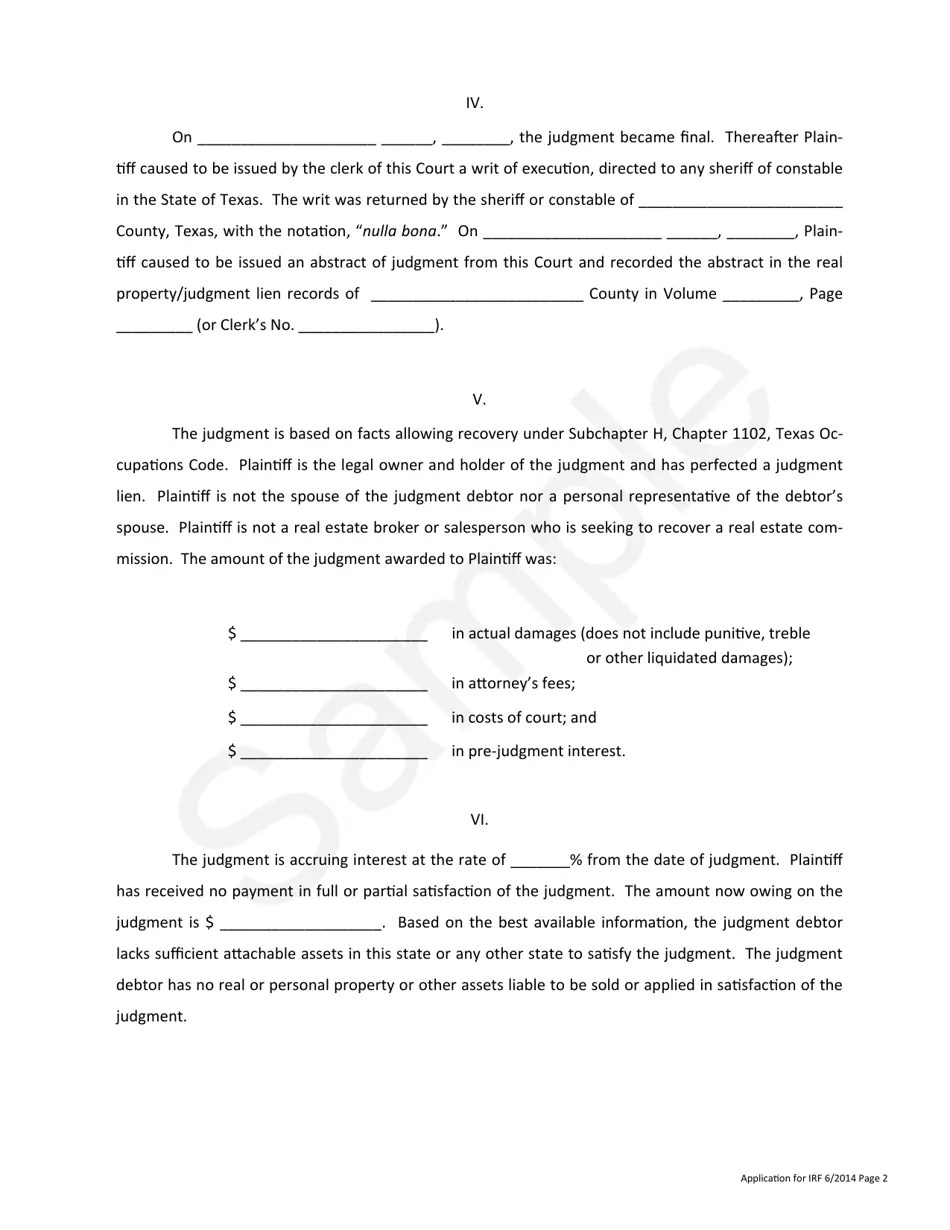 Texas Application for Order Directing Payment out of the Real Estate