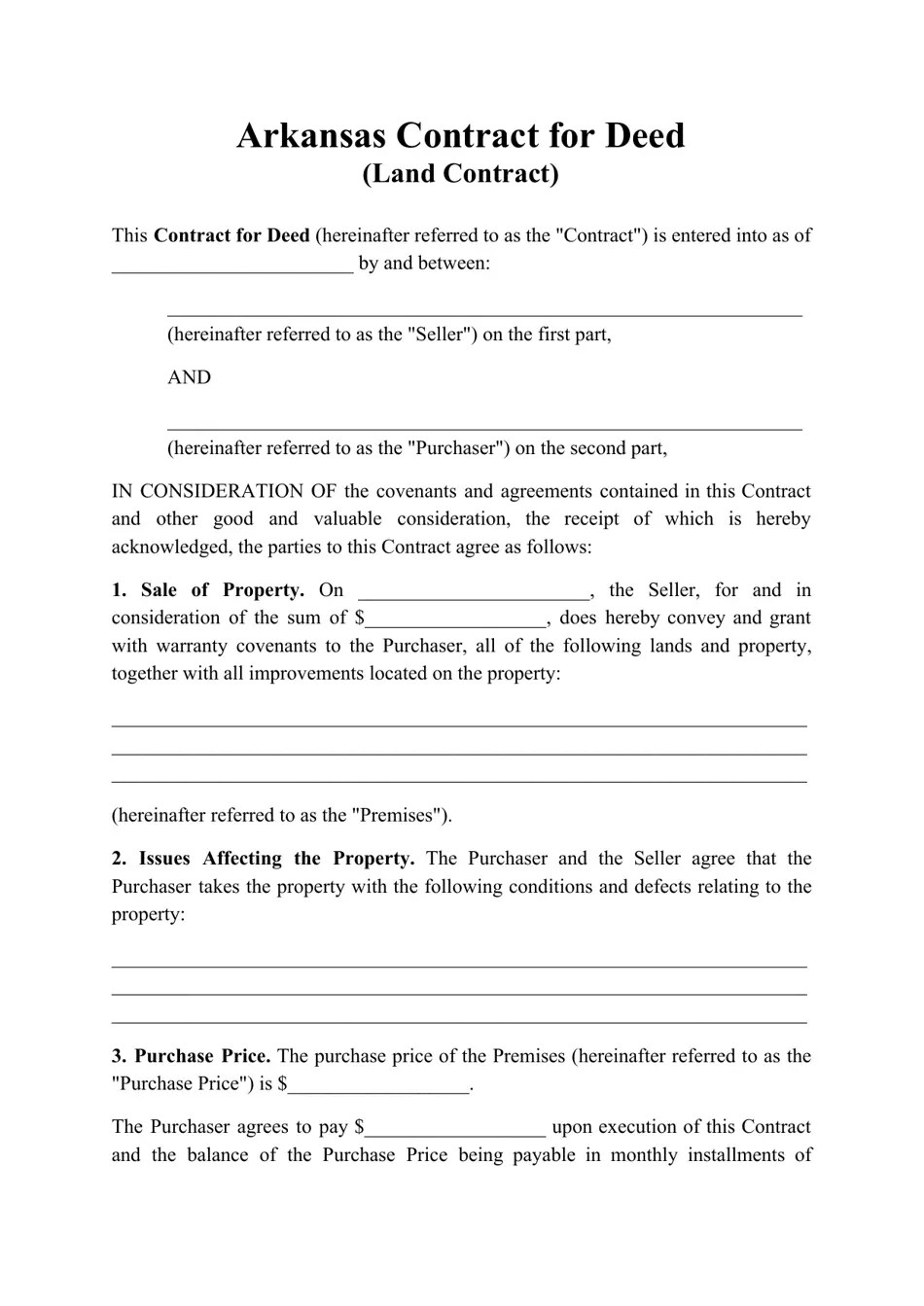 Arkansas Contract for Deed (Land Contract) Fill Out, Sign Online and
