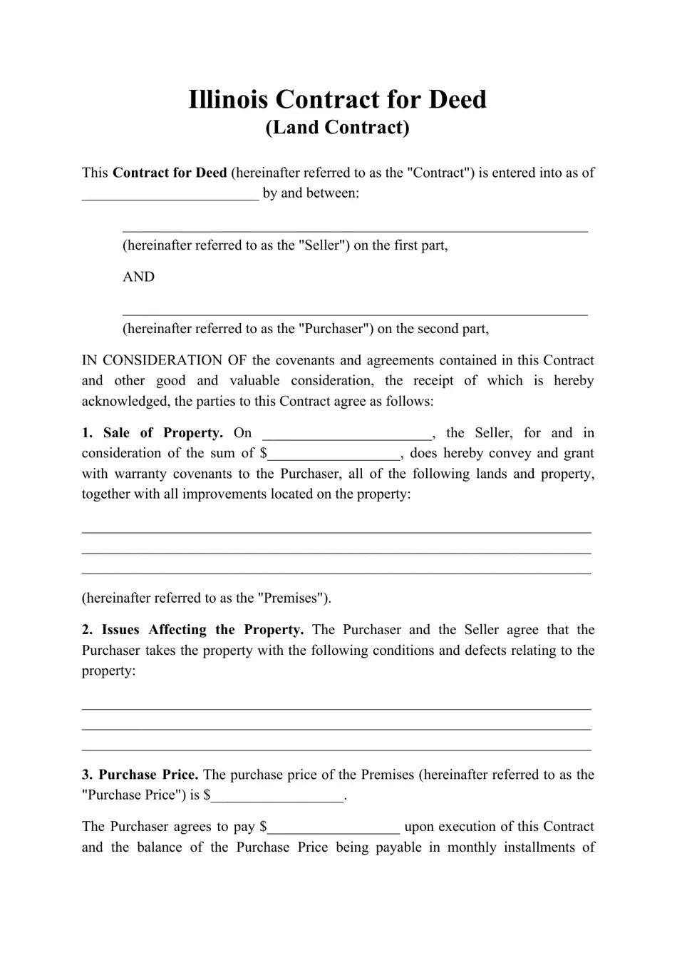 Illinois Contract for Deed (Land Contract) Fill Out, Sign Online and Download PDF Templateroller