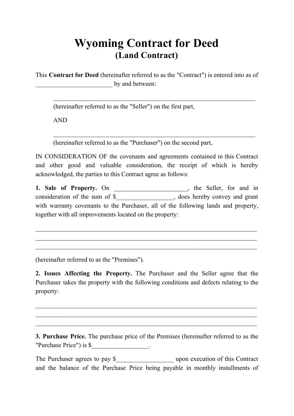 Wyoming Contract for Deed (Land Contract) Fill Out, Sign Online and