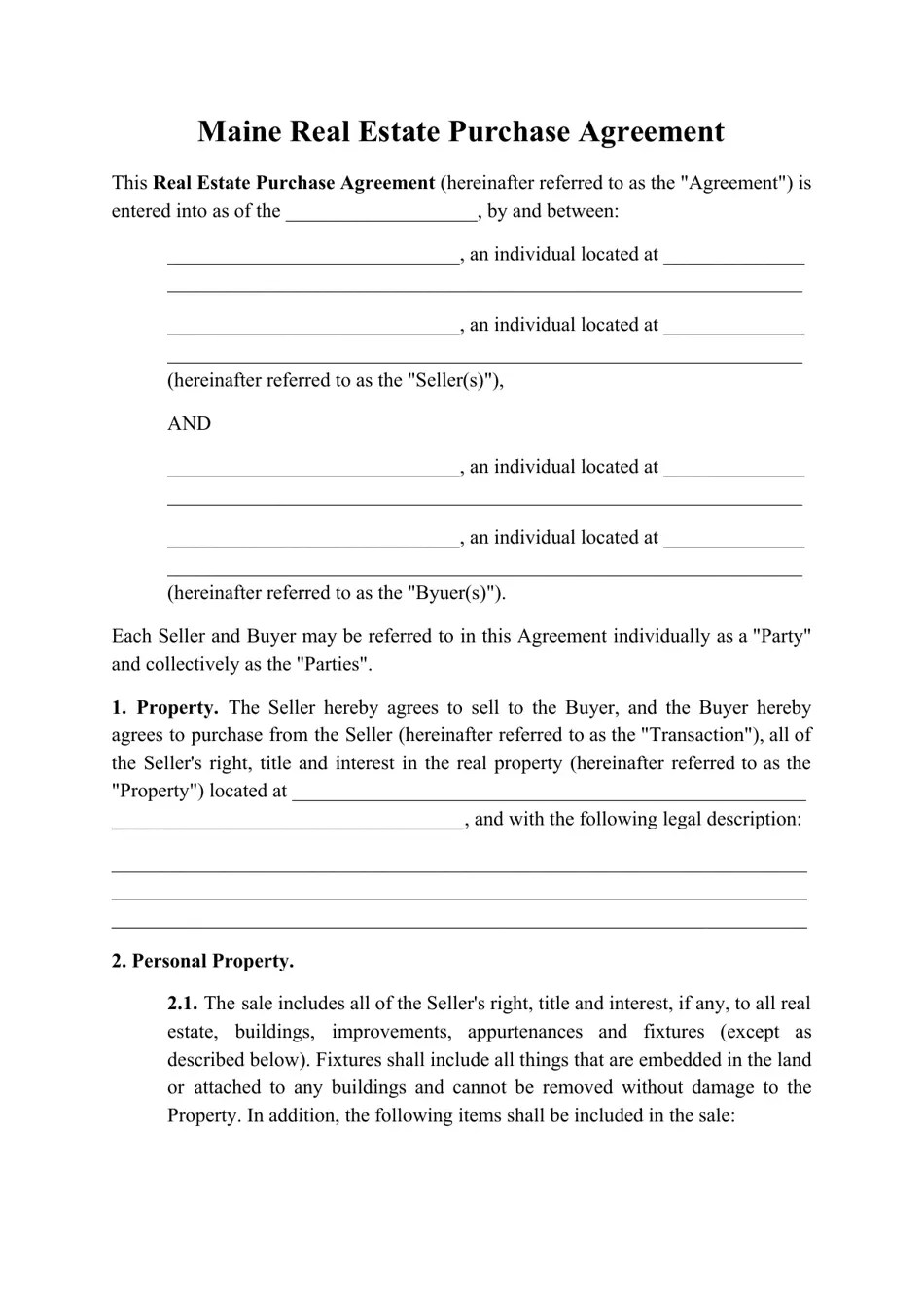 Maine Real Estate Purchase Agreement Template Fill Out, Sign Online