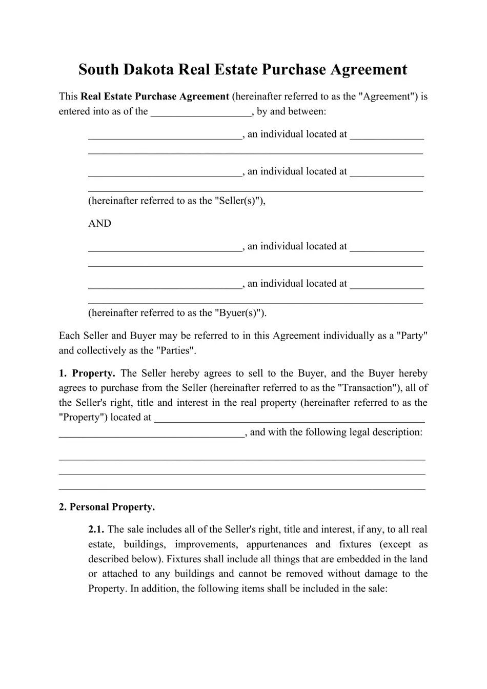 South Dakota Real Estate Purchase Agreement Template Fill Out, Sign